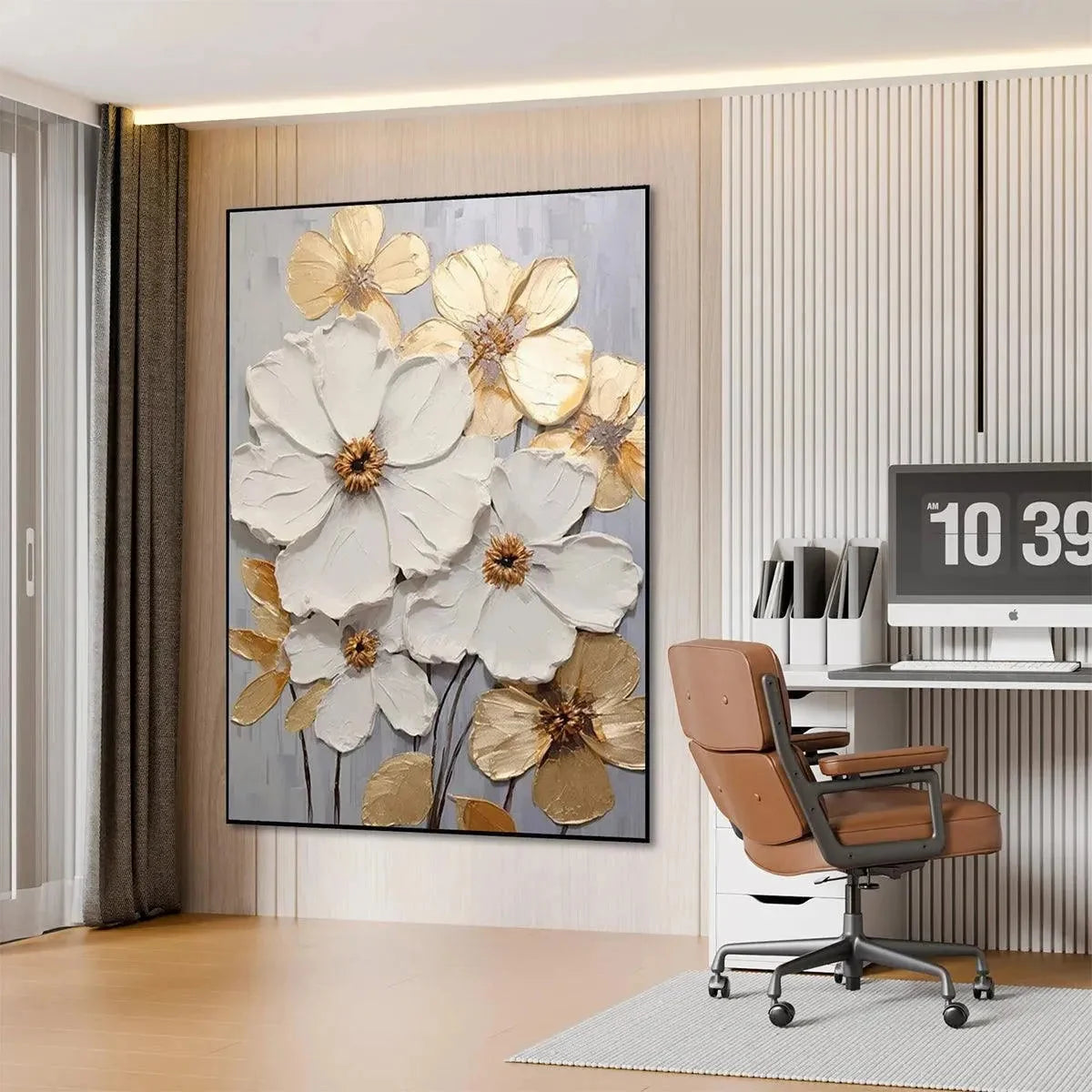 GOLDEN WHISPERS: Textured Floral Painting, Gold and White Wall Art, Vertical Canvas, Impasto Decor | Abstract mood, soft natural light studio shot