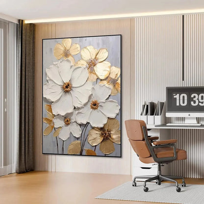 GOLDEN WHISPERS: Textured Floral Painting, Gold and White Wall Art, Vertical Canvas, Impasto Decor | Abstract mood, soft natural light studio shot