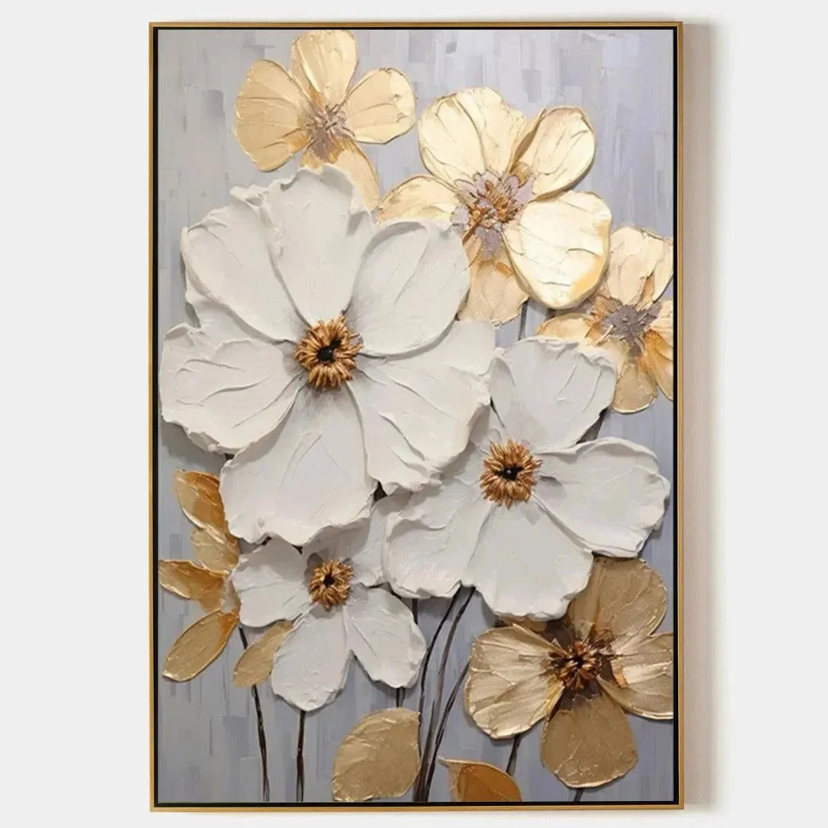 GOLDEN WHISPERS: Textured Floral Painting, Gold and White Wall Art, Vertical Canvas, Impasto Decor | hanging in living room, Abstract wall art