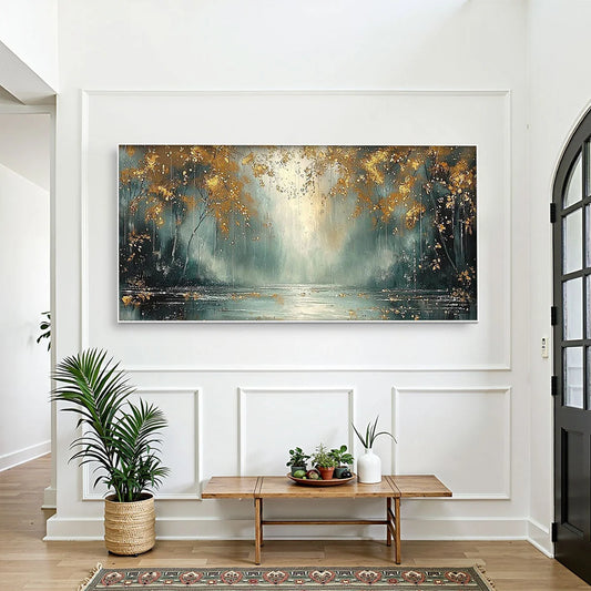 GOLDEN WHISPERS: Textured Forest Landscape Oil Painting with Gold Accents