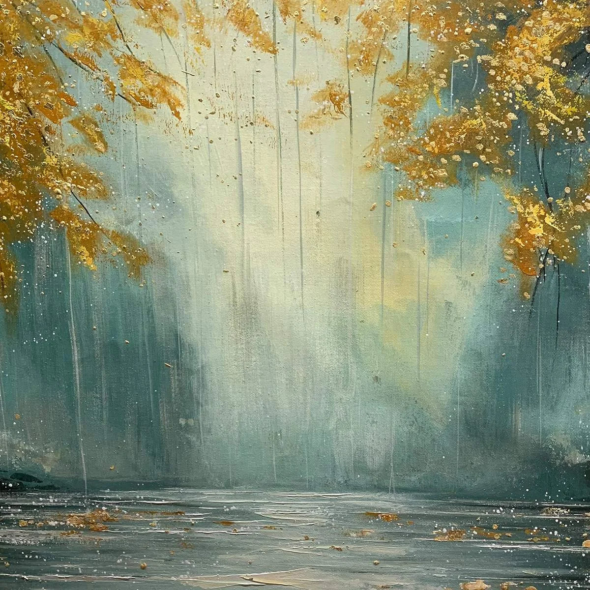GOLDEN WHISPERS: Textured Forest Landscape Oil Painting with Gold Accents | rectangular format, hand-painted canvas edge