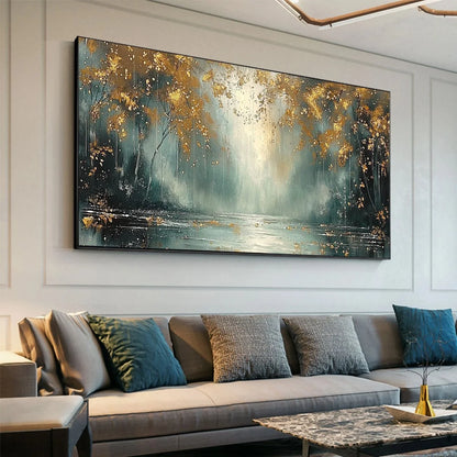 GOLDEN WHISPERS: Textured Forest Landscape Oil Painting with Gold Accents | gold frame stretched on neutral wall
