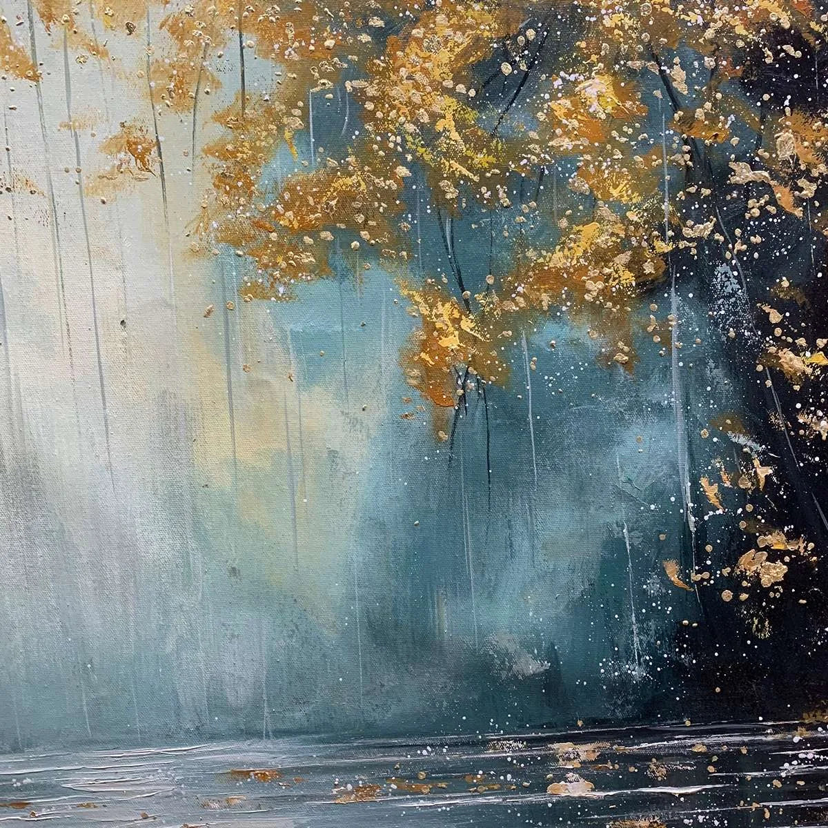 GOLDEN WHISPERS: Textured Forest Landscape Oil Painting with Gold Accents | rolled canvas, ready for custom framing