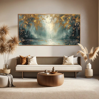 GOLDEN WHISPERS: Textured Forest Landscape Oil Painting with Gold Accents | black frame version on white wall