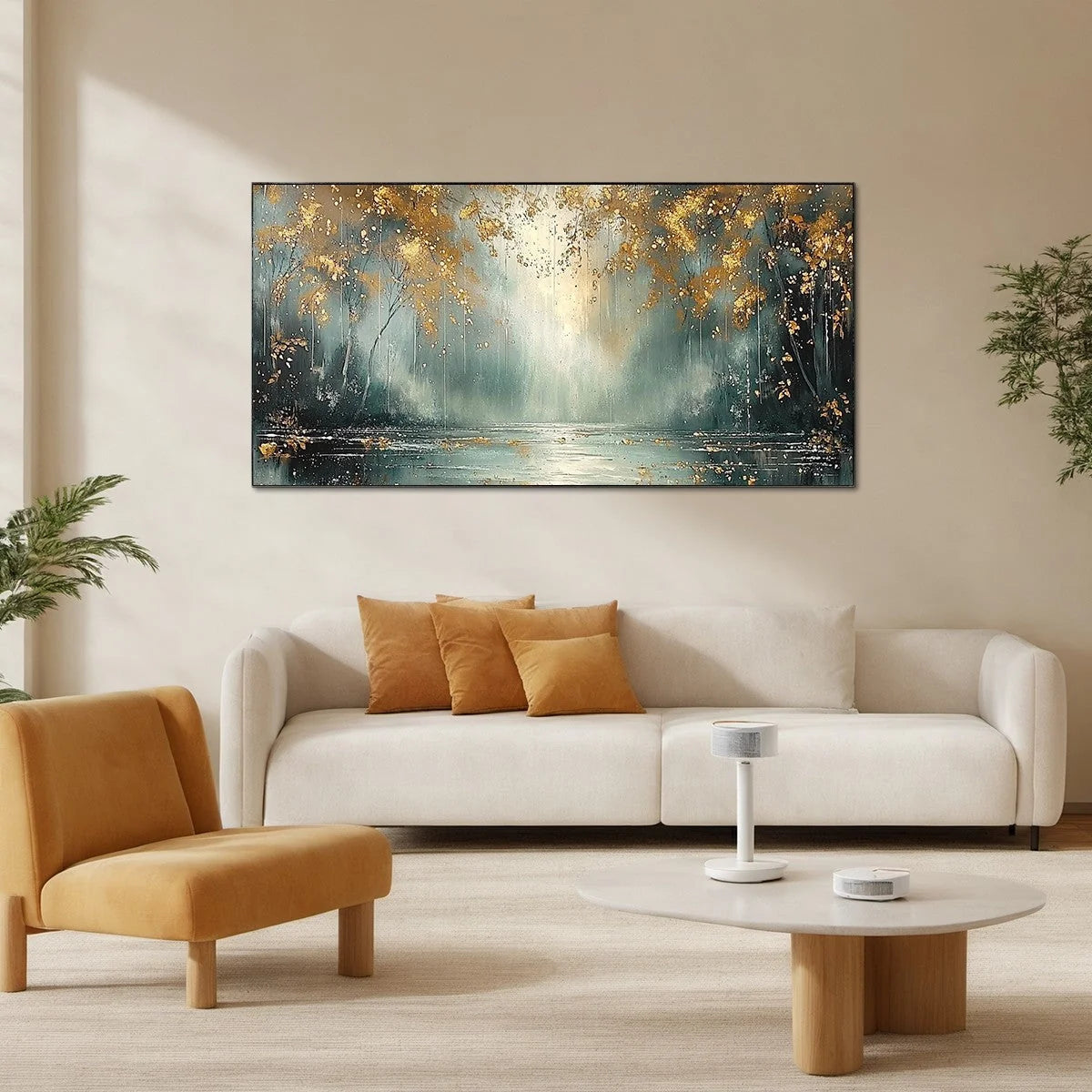GOLDEN WHISPERS: Textured Forest Landscape Oil Painting with Gold Accents | Landscape mood, soft natural light studio shot