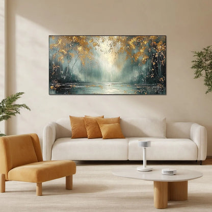 GOLDEN WHISPERS: Textured Forest Landscape Oil Painting with Gold Accents | Landscape mood, soft natural light studio shot
