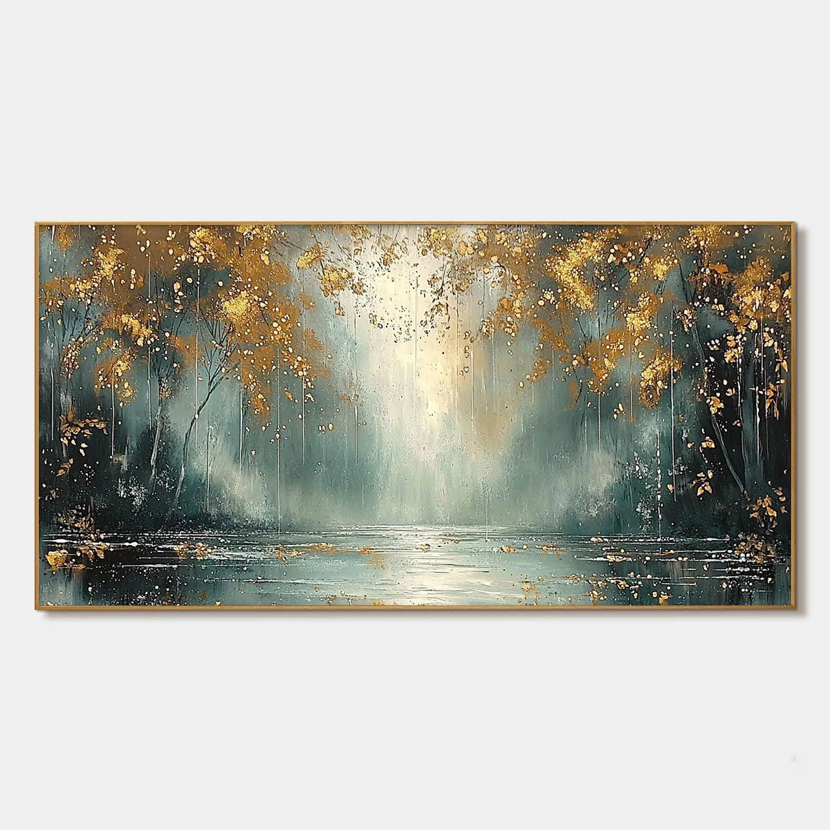 GOLDEN WHISPERS: Textured Forest Landscape Oil Painting with Gold Accents | hanging in living room, Landscape wall art