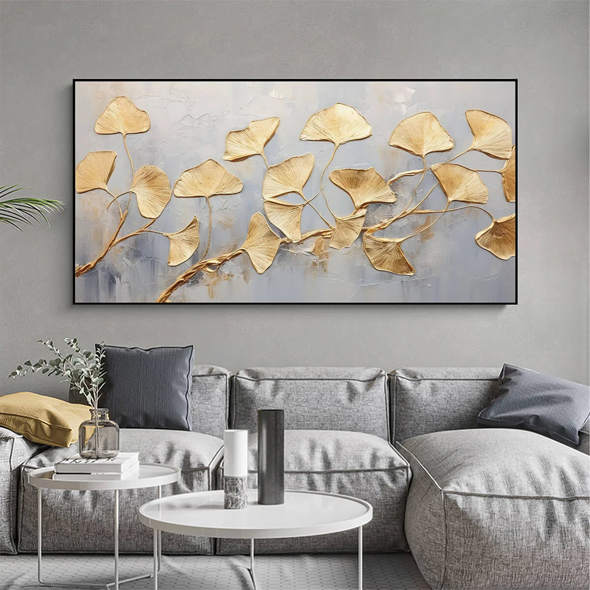 GOLDEN WHISPERS: Textured Ginkgo Leaf Oil Painting in Gold | Figurative closeup, raised brushwork detail