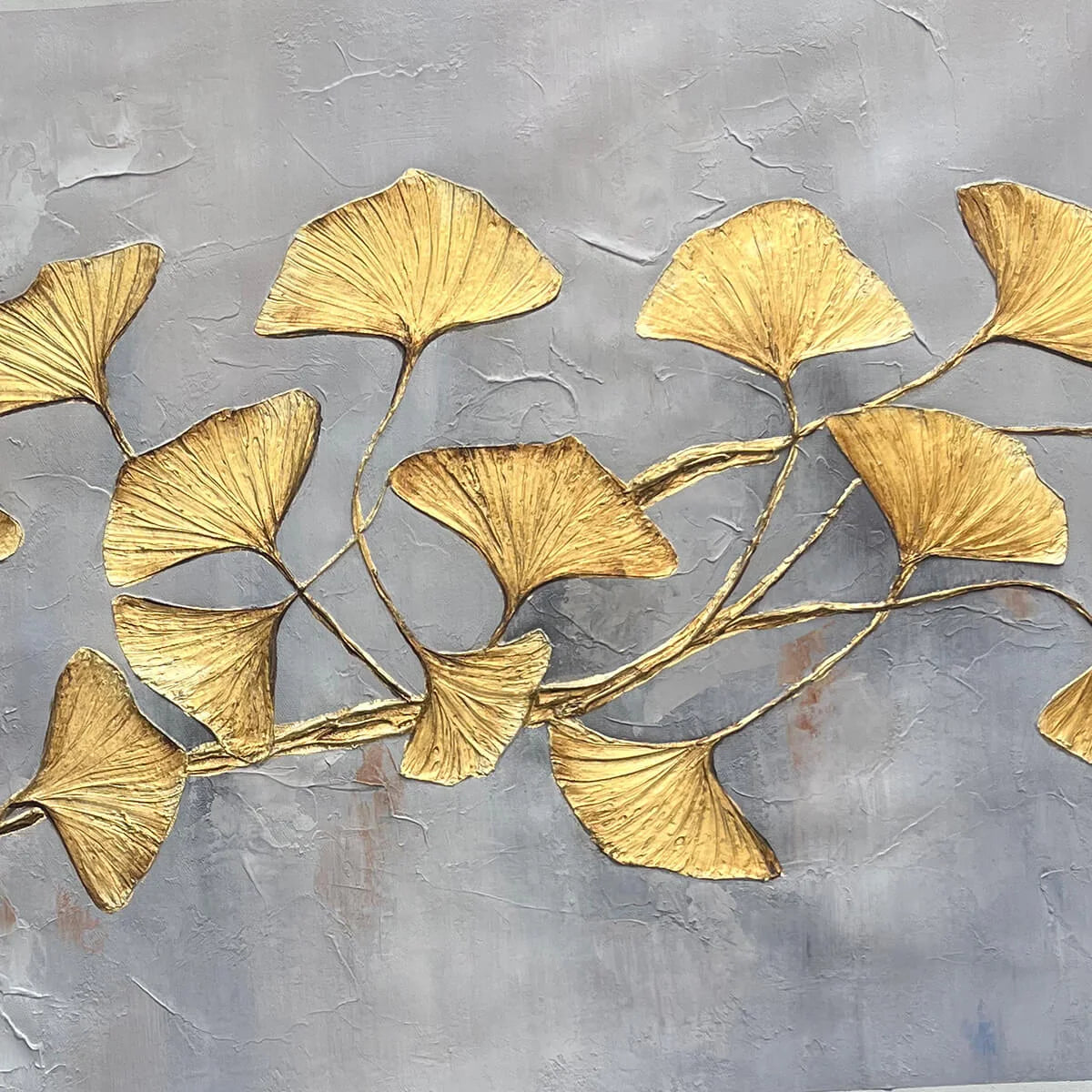 GOLDEN WHISPERS: Textured Ginkgo Leaf Oil Painting in Gold | rectangular format, hand-painted canvas edge