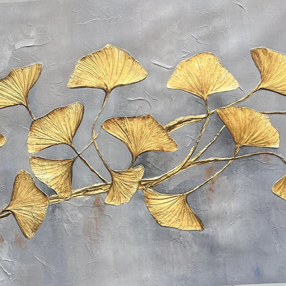 GOLDEN WHISPERS: Textured Ginkgo Leaf Oil Painting in Gold | rectangular format, hand-painted canvas edge