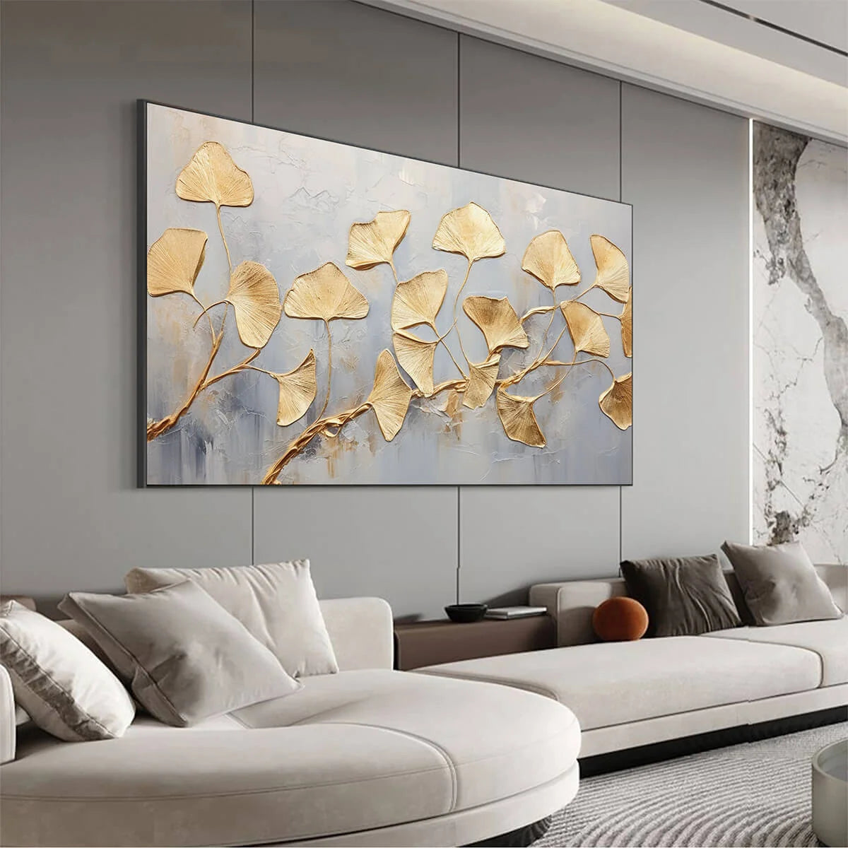 GOLDEN WHISPERS: Textured Ginkgo Leaf Oil Painting in Gold | gold frame stretched on neutral wall