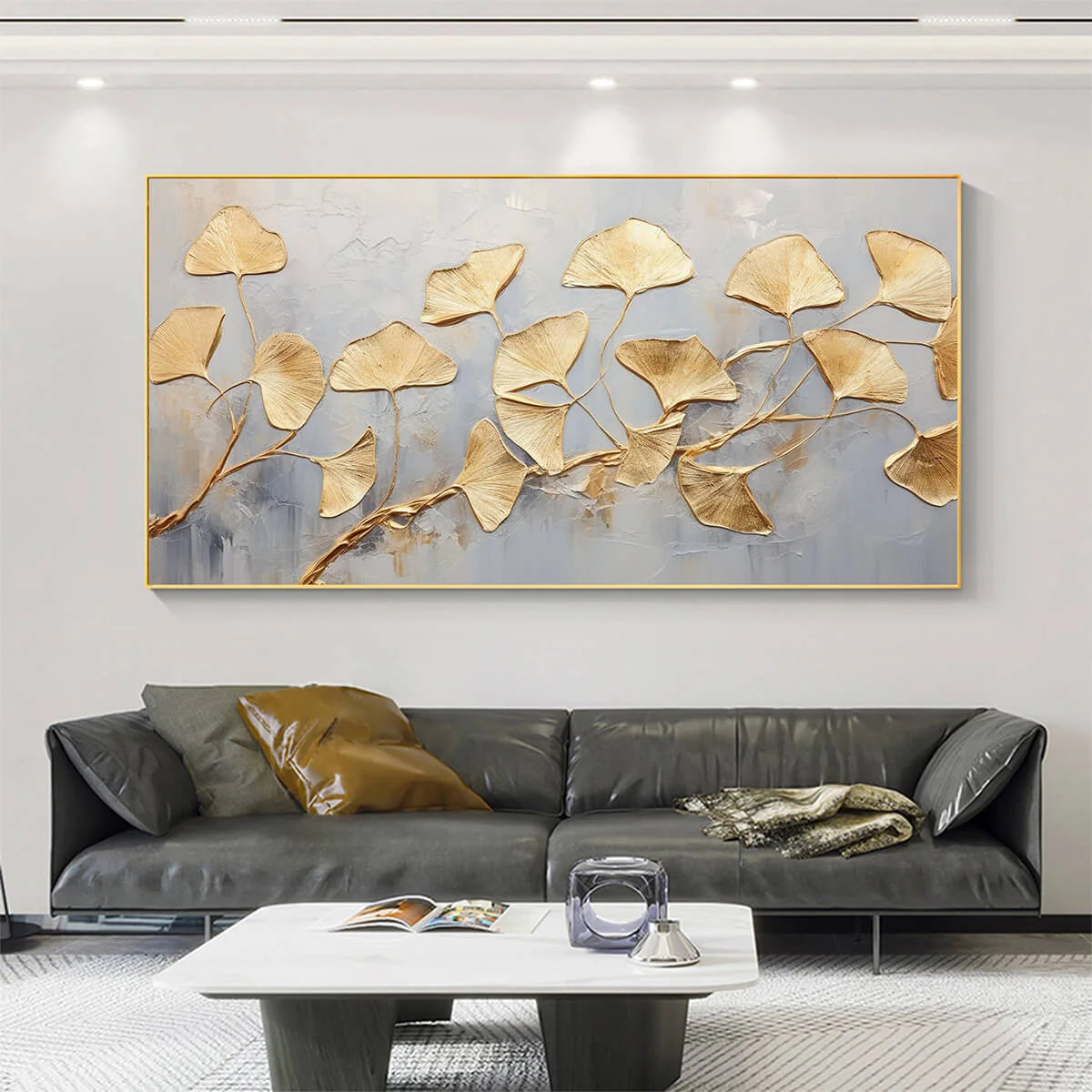GOLDEN WHISPERS: Textured Ginkgo Leaf Oil Painting in Gold | black frame version on white wall