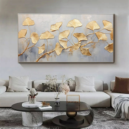 GOLDEN WHISPERS: Textured Ginkgo Leaf Oil Painting in Gold | Figurative mood, soft natural light studio shot
