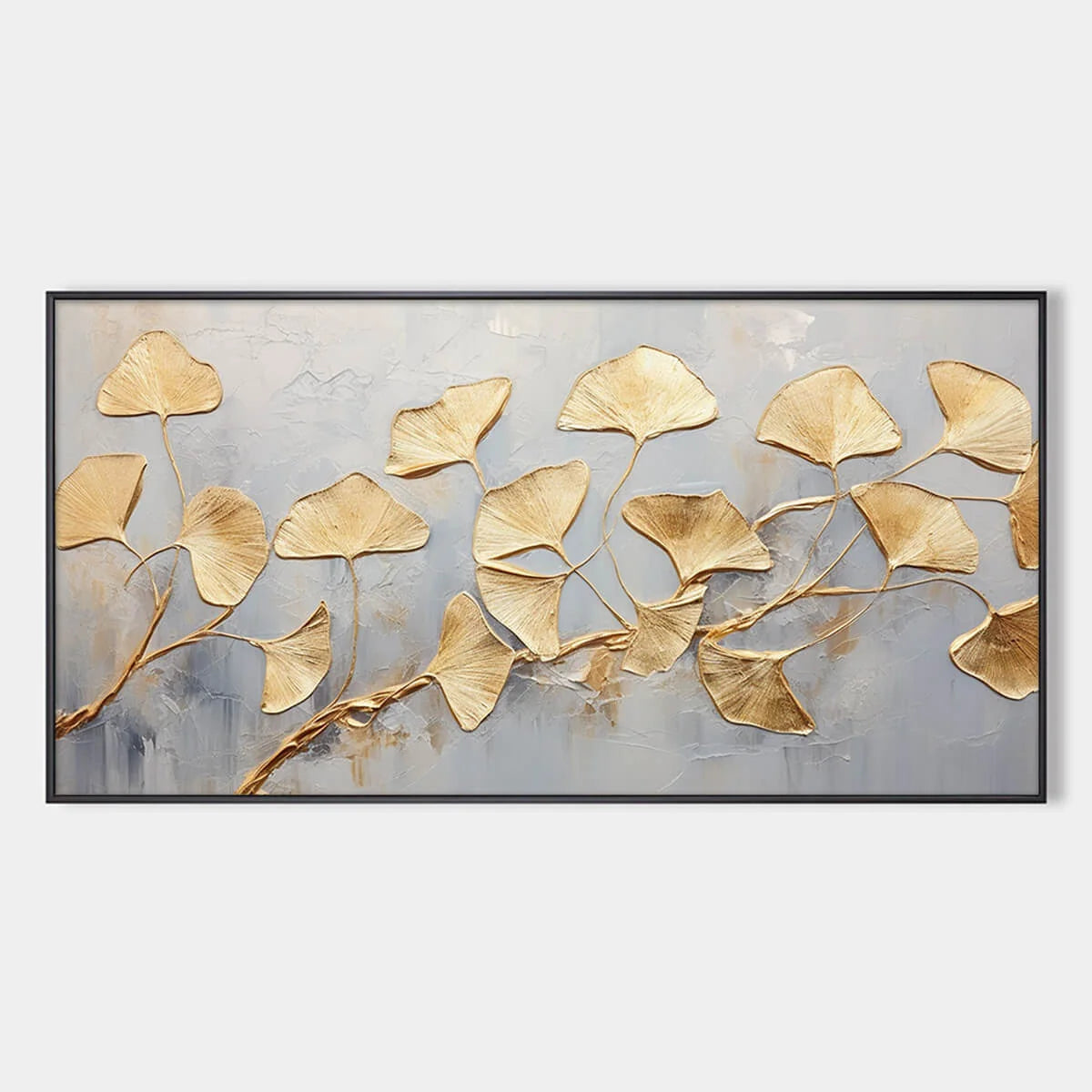 GOLDEN WHISPERS: Textured Ginkgo Leaf Oil Painting in Gold | hanging in living room, Figurative wall art