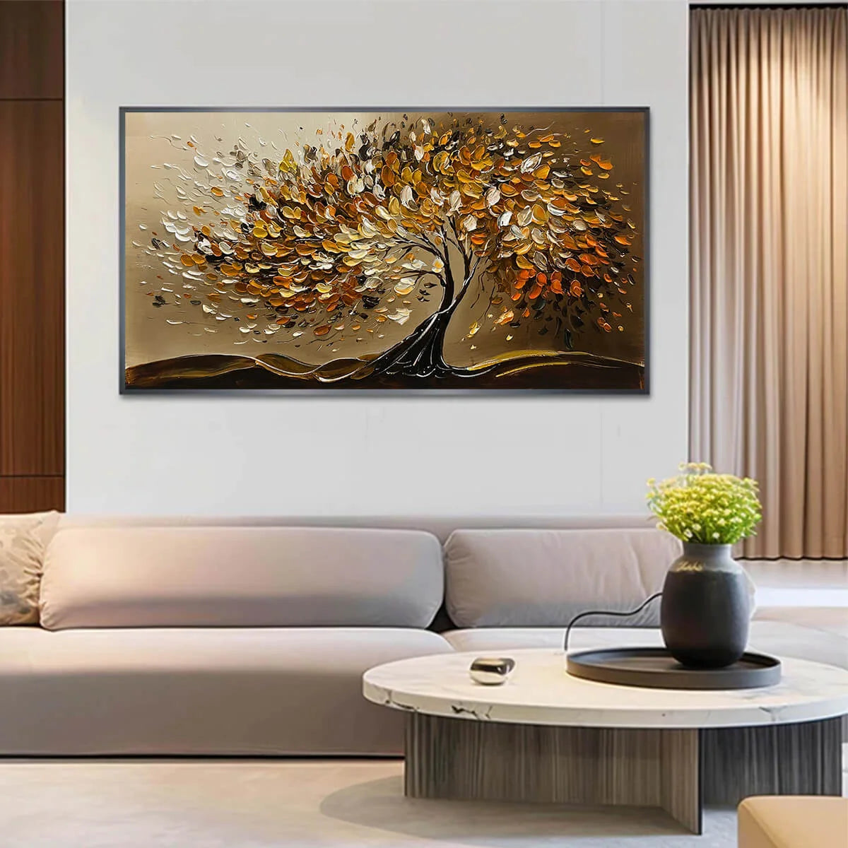GOLDEN WHISPERS: Textured Golden Tree Impasto Oil Painting | Figurative closeup, raised brushwork detail