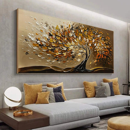 GOLDEN WHISPERS: Textured Golden Tree Impasto Oil Painting | gold frame stretched on neutral wall
