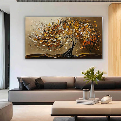 GOLDEN WHISPERS: Textured Golden Tree Impasto Oil Painting | black frame version on white wall