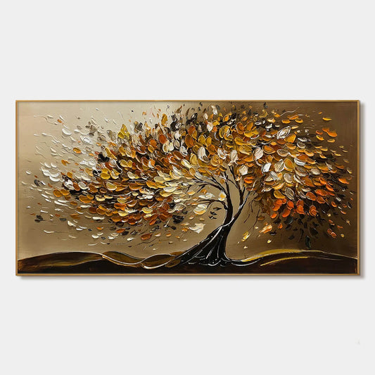 GOLDEN WHISPERS: Textured Golden Tree Impasto Oil Painting | hanging in living room, Figurative wall art