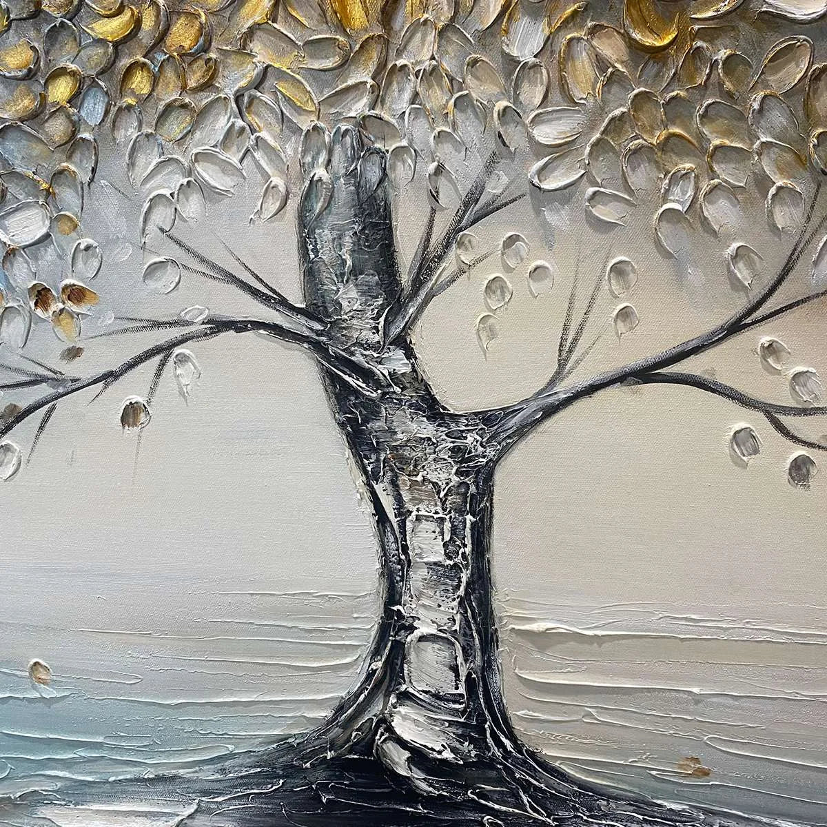 GOLDEN WHISPERS: Textured Tree Landscape Oil Painting | rectangular format, hand-painted canvas edge