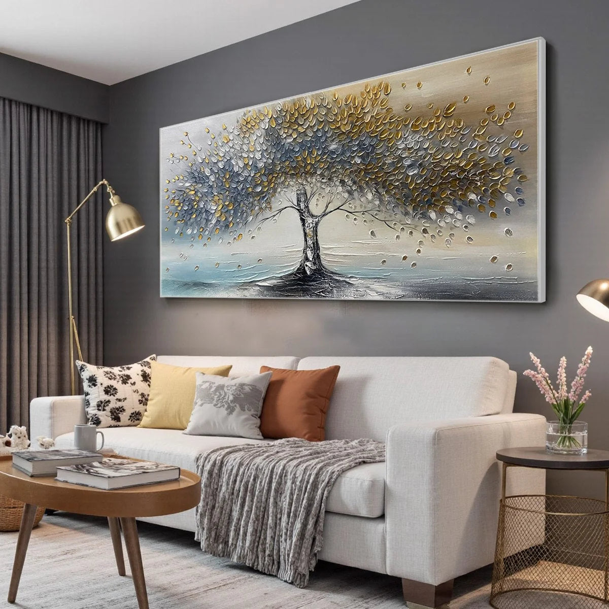 GOLDEN WHISPERS: Textured Tree Landscape Oil Painting | gold frame stretched on neutral wall