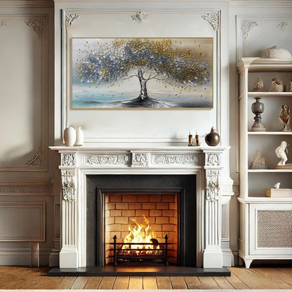 GOLDEN WHISPERS: Textured Tree Landscape Oil Painting | black frame version on white wall