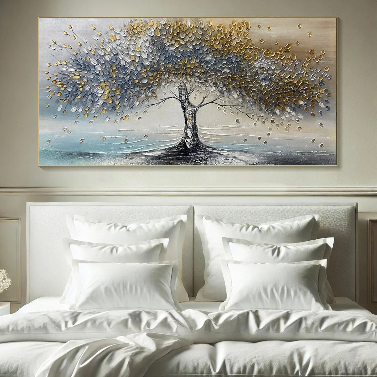 GOLDEN WHISPERS: Textured Tree Landscape Oil Painting | Landscape mood, soft natural light studio shot