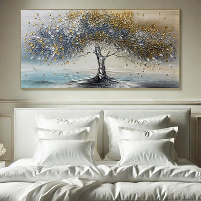 GOLDEN WHISPERS: Textured Tree Landscape Oil Painting | Landscape mood, soft natural light studio shot