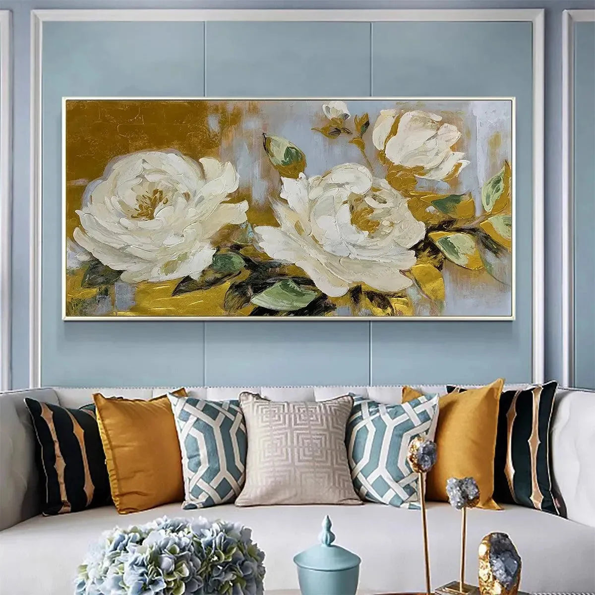 GOLDEN WHISPERS: White Floral Painting with Gold Accents, Panoramic Canvas, Elegant Wall Art for Living Room or Bedroom | Abstract closeup, raised brushwork detail