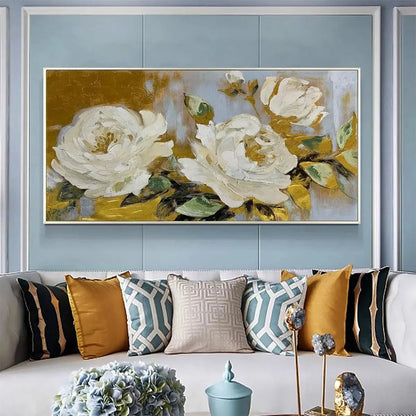 GOLDEN WHISPERS: White Floral Painting with Gold Accents, Panoramic Canvas, Elegant Wall Art for Living Room or Bedroom | Abstract closeup, raised brushwork detail