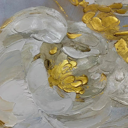 GOLDEN WHISPERS: White Floral Painting with Gold Accents, Panoramic Canvas, Elegant Wall Art for Living Room or Bedroom | rectangular format, hand-painted canvas edge