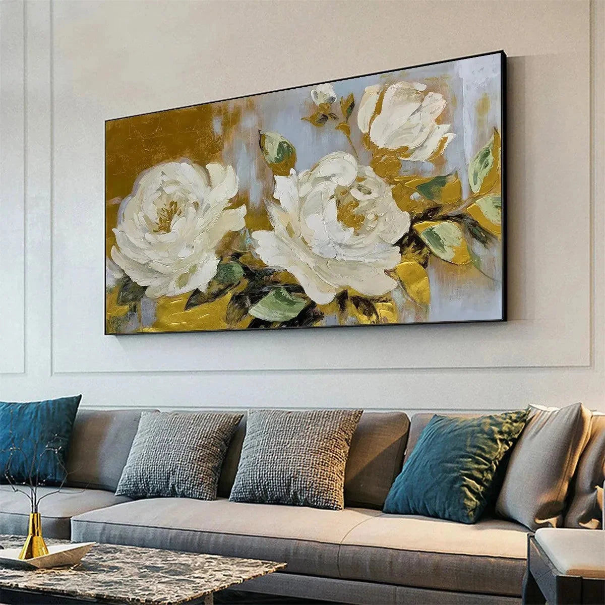 GOLDEN WHISPERS: White Floral Painting with Gold Accents, Panoramic Canvas, Elegant Wall Art for Living Room or Bedroom | gold frame stretched on neutral wall