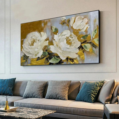 GOLDEN WHISPERS: White Floral Painting with Gold Accents, Panoramic Canvas, Elegant Wall Art for Living Room or Bedroom | gold frame stretched on neutral wall
