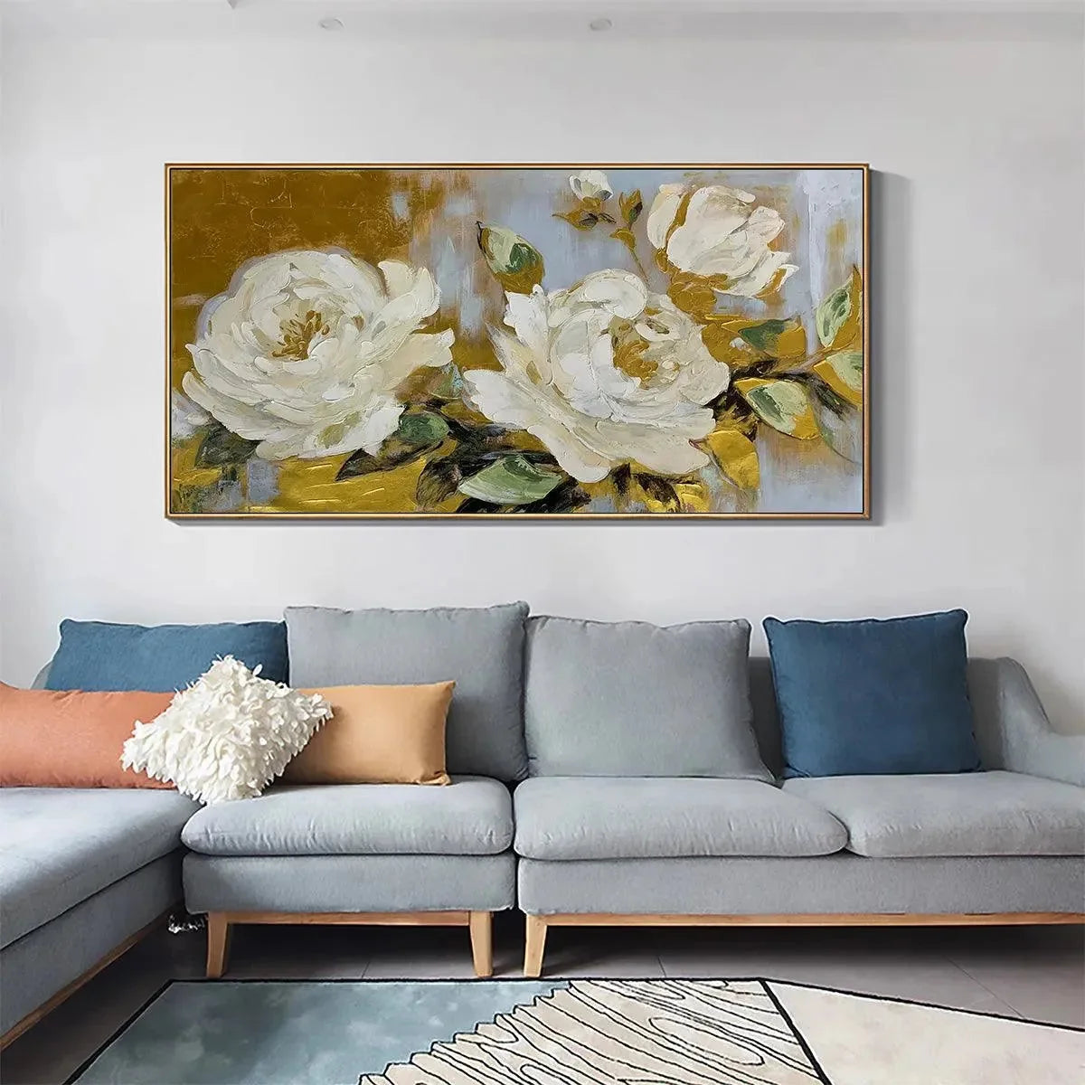 GOLDEN WHISPERS: White Floral Painting with Gold Accents, Panoramic Canvas, Elegant Wall Art for Living Room or Bedroom | rolled canvas, ready for custom framing