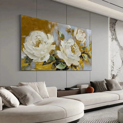 GOLDEN WHISPERS: White Floral Painting with Gold Accents, Panoramic Canvas, Elegant Wall Art for Living Room or Bedroom | black frame version on white wall