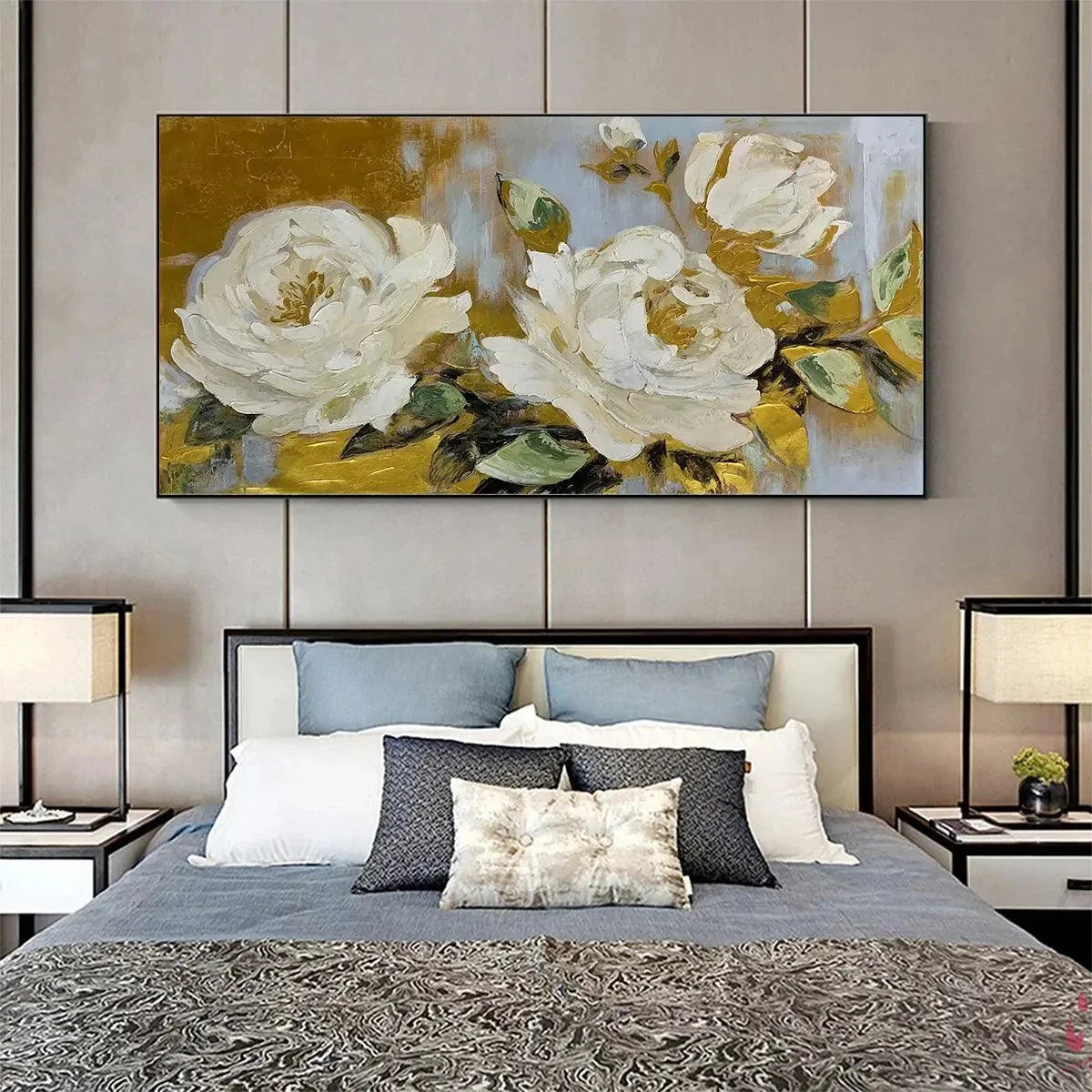 GOLDEN WHISPERS: White Floral Painting with Gold Accents, Panoramic Canvas, Elegant Wall Art for Living Room or Bedroom | Abstract mood, soft natural light studio shot