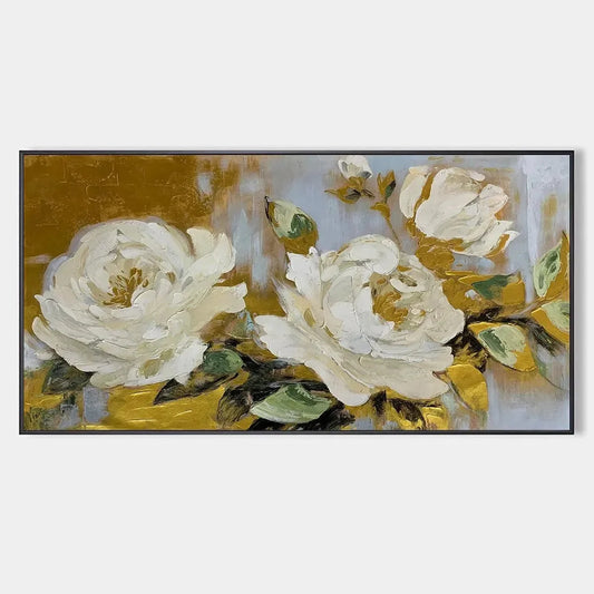 GOLDEN WHISPERS: White Floral Painting with Gold Accents, Panoramic Canvas, Elegant Wall Art for Living Room or Bedroom | hanging in living room, Abstract wall art