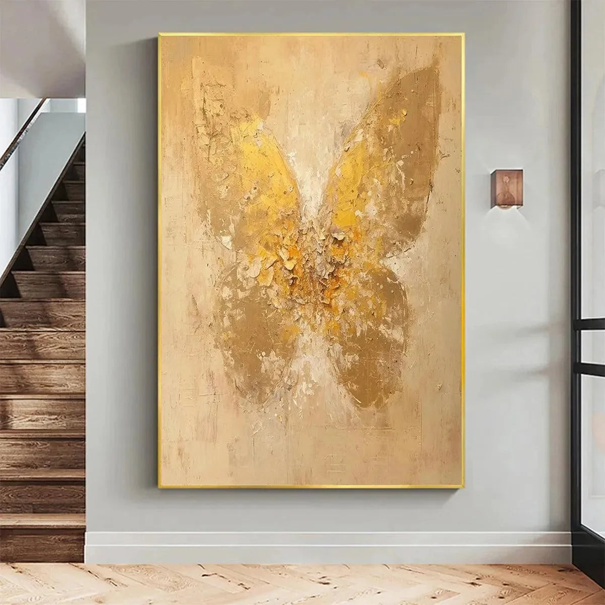 GOLDEN WINGS: Gold Butterfly Painting, Textured Wall Art, Vertical Canvas, Beige and Gold Decor | Figurative closeup, raised brushwork detail