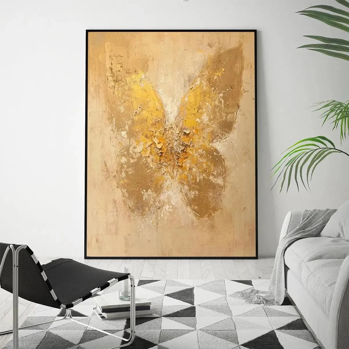 GOLDEN WINGS: Gold Butterfly Painting, Textured Wall Art, Vertical Canvas, Beige and Gold Decor | gold frame stretched on neutral wall