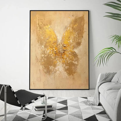 GOLDEN WINGS: Gold Butterfly Painting, Textured Wall Art, Vertical Canvas, Beige and Gold Decor | gold frame stretched on neutral wall
