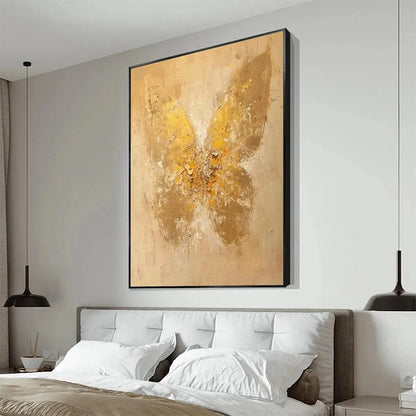 GOLDEN WINGS: Gold Butterfly Painting, Textured Wall Art, Vertical Canvas, Beige and Gold Decor | black frame version on white wall