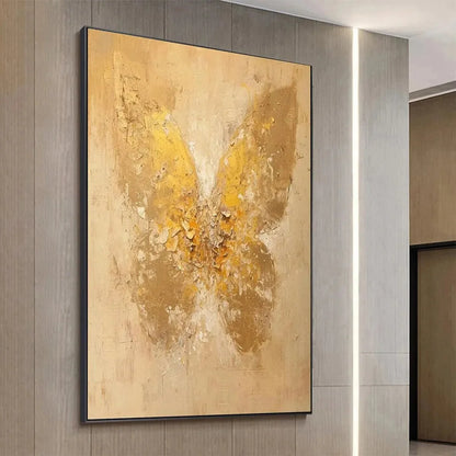 GOLDEN WINGS: Gold Butterfly Painting, Textured Wall Art, Vertical Canvas, Beige and Gold Decor | Figurative mood, soft natural light studio shot