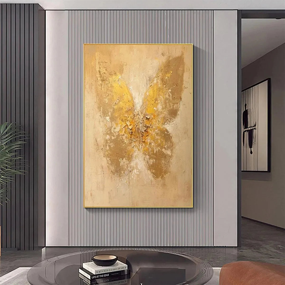 GOLDEN WINGS: Gold Butterfly Painting, Textured Wall Art, Vertical Canvas, Beige and Gold Decor | yellow palette, original oil on stretched canvas art