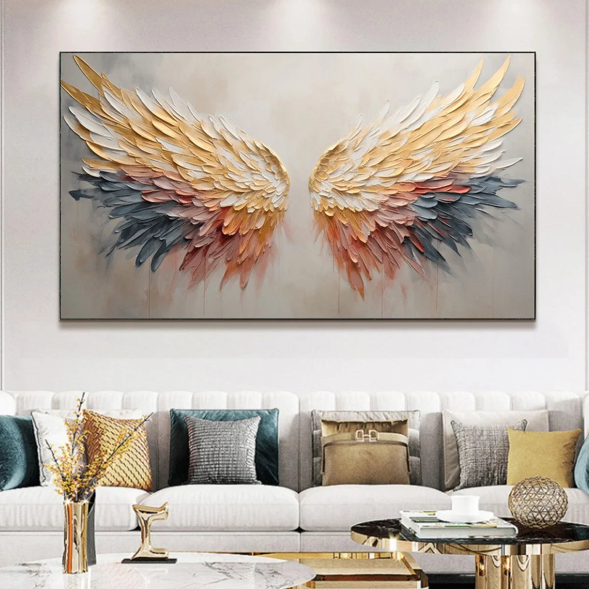GOLDEN WINGS: Panoramic Angel Wings Painting, Textured Wall Art, Gold, Beige, Living Room, Bedroom | Figurative closeup, raised brushwork detail