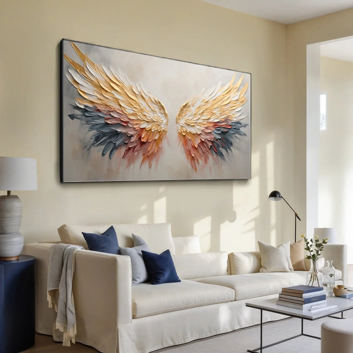 GOLDEN WINGS: Panoramic Angel Wings Painting, Textured Wall Art, Gold, Beige, Living Room, Bedroom | gold frame stretched on neutral wall