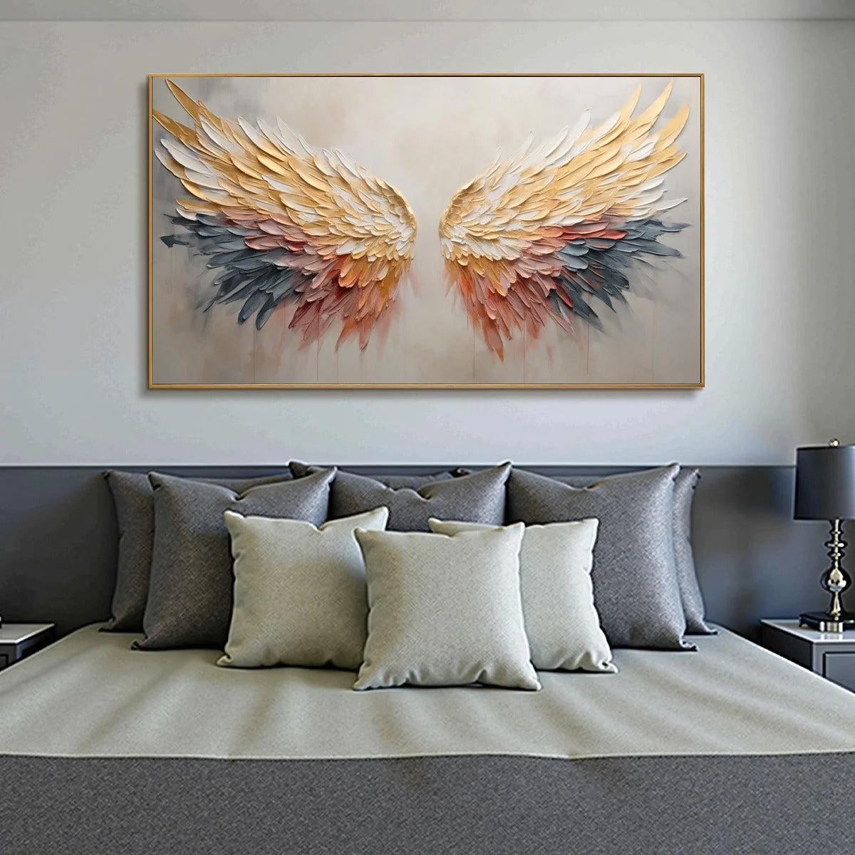 GOLDEN WINGS: Panoramic Angel Wings Painting, Textured Wall Art, Gold, Beige, Living Room, Bedroom | black frame version on white wall