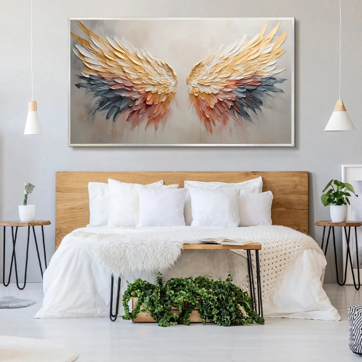 GOLDEN WINGS: Panoramic Angel Wings Painting, Textured Wall Art, Gold, Beige, Living Room, Bedroom | Figurative mood, soft natural light studio shot