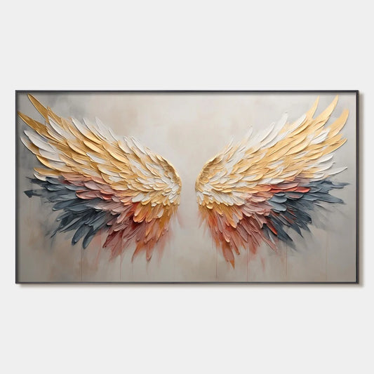 GOLDEN WINGS: Panoramic Angel Wings Painting, Textured Wall Art, Gold, Beige, Living Room, Bedroom | hanging in living room, Figurative wall art