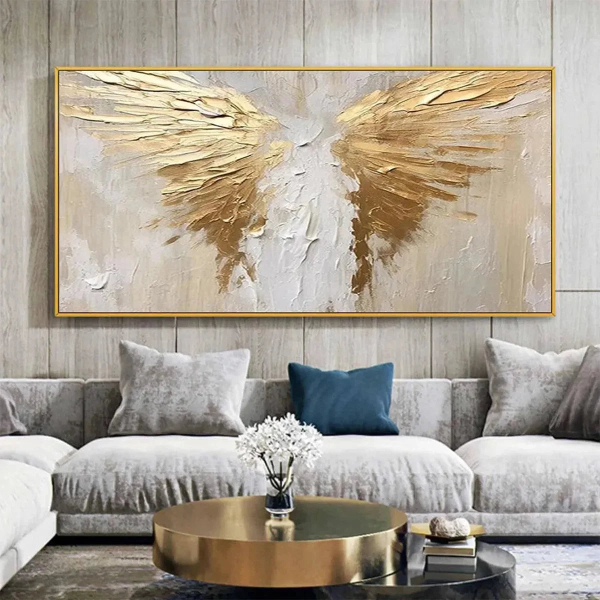 GOLDEN WINGS: Textured Abstract Painting, Gold and Beige Wall Art, Panoramic Canvas, Modern Decor | Figurative closeup, raised brushwork detail