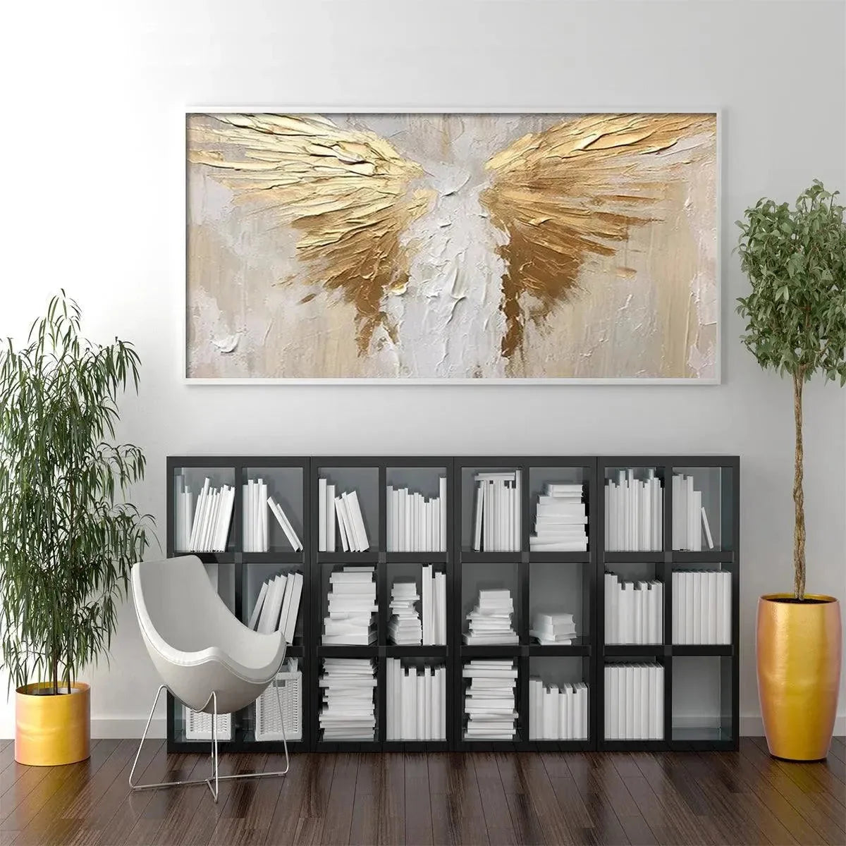 GOLDEN WINGS: Textured Abstract Painting, Gold and Beige Wall Art, Panoramic Canvas, Modern Decor | black frame version on white wall