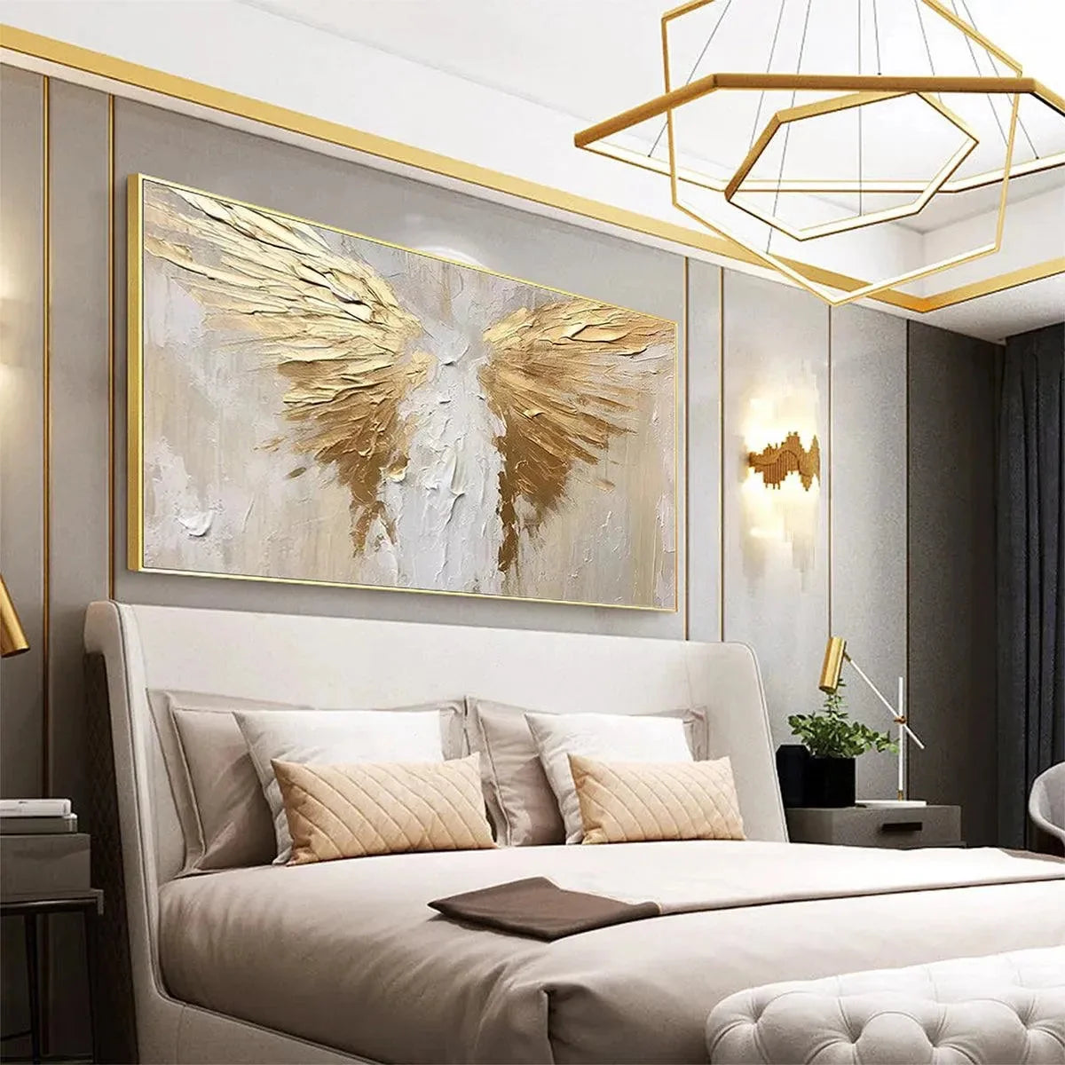 GOLDEN WINGS: Textured Abstract Painting, Gold and Beige Wall Art, Panoramic Canvas, Modern Decor | Figurative mood, soft natural light studio shot